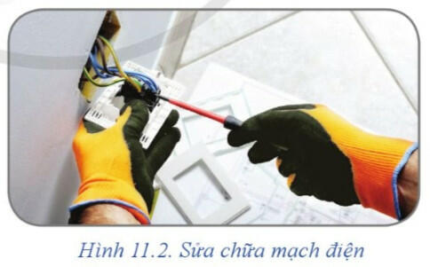 Quan sát Hình 11.2 và cho biết người thợ trong tình huống này đã sử dụng những dụng cụ bảo vệ an toàn điện nào? Hãy nêu cách sử dụng những dụng cụ này sao cho đúng cách và đảm bảo an toàn.