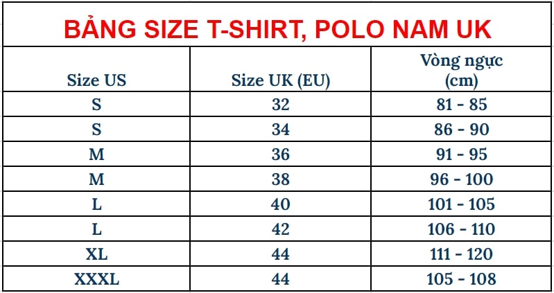 Bảng size áo polo T-shirt Châu Âu
